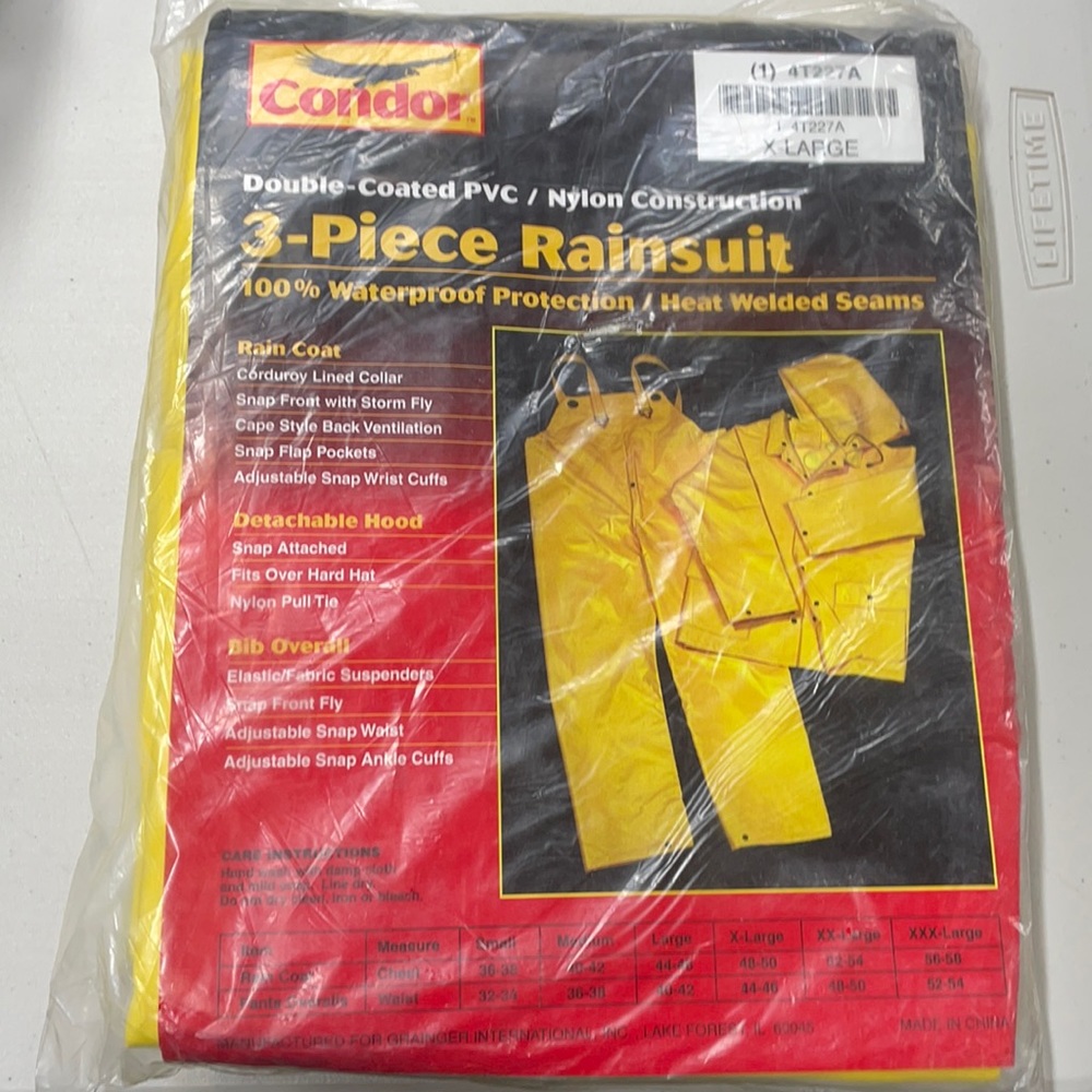 CONDOR 3 Piece Rainsuit w/Detachable Hood, Yellow, XL